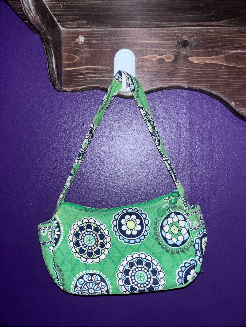 Vera Bradley Lime Green Quilted Mini Shoulder Bag with Navy Floral Medallions